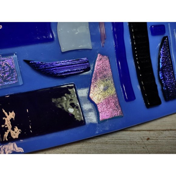 SIGNED Lorraine Art Fused Glass Shimmer Abstract Mosaic Cobalt Wave Trinket Dish - Picture 13 of 14